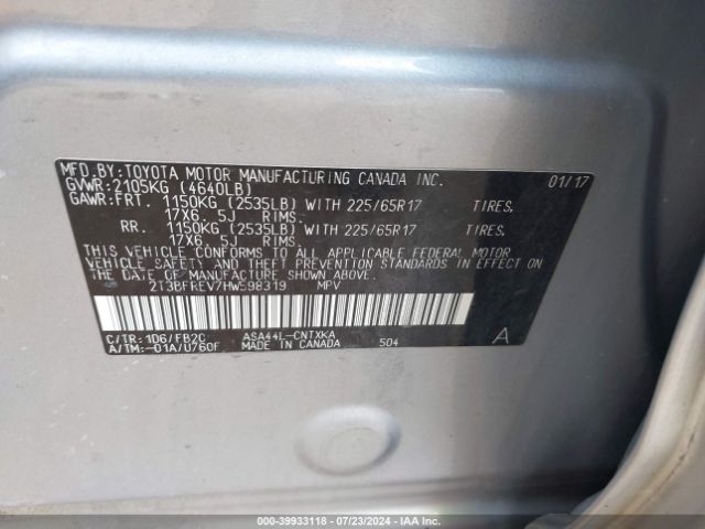 2T3BFREV7HW598319 Toyota RAV4 LE