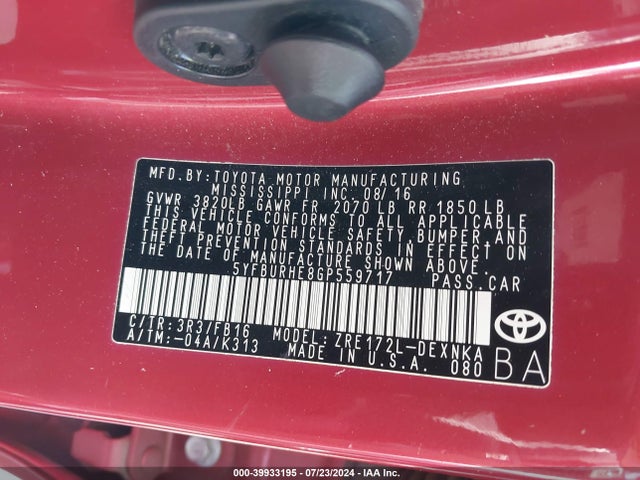 Toyota COROLLA LE 2016 5YFBURHE8GP559717 Image 9