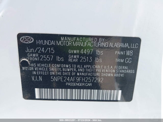 Hyundai SONATA SE 2015 5NPE24AF9FH257292 Image 9