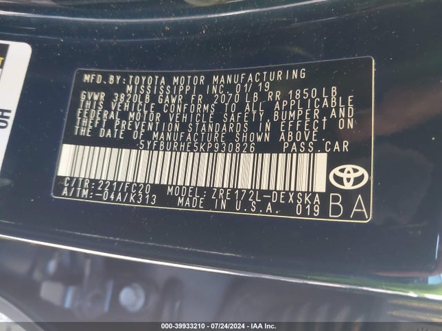 Toyota COROLLA SE 2019 5YFBURHE5KP930826 Image 9