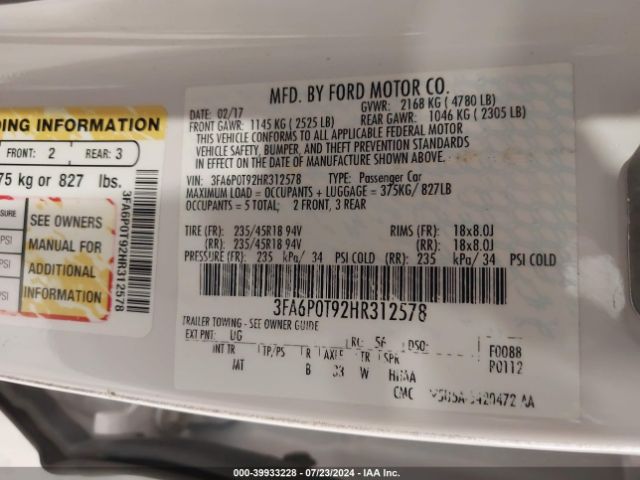 3FA6P0T92HR312578 Ford FUSION SE