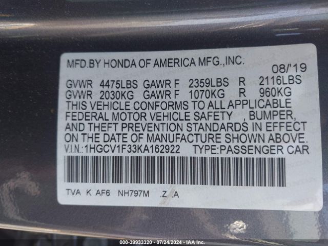 1HGCV1F33KA162922 Honda Accord Sport