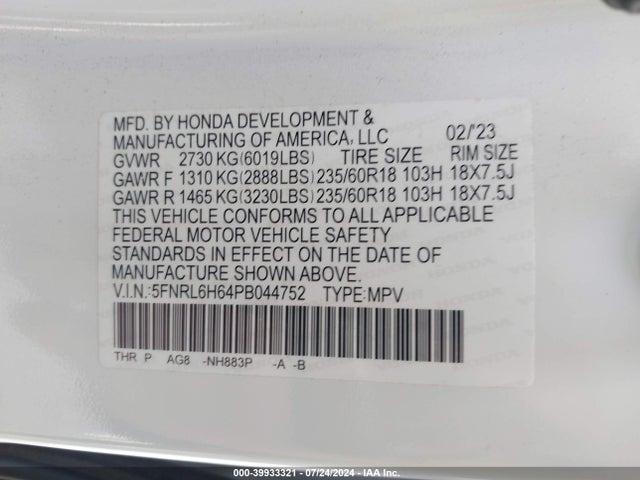 Honda Odyssey Ex-l 2023 5FNRL6H64PB044752 Image 9