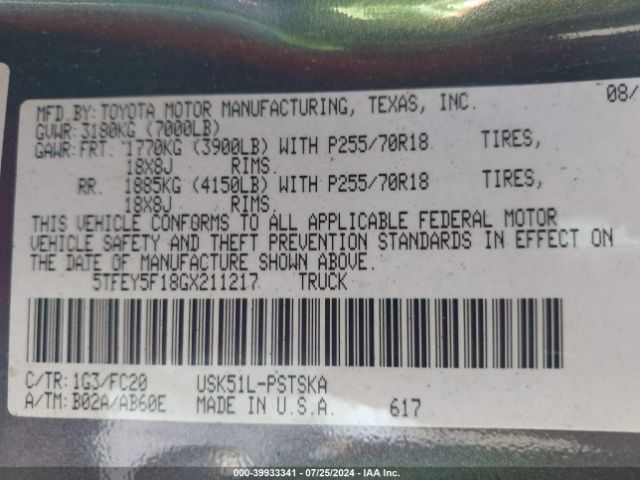 5TFEY5F18GX211217 Toyota Tundra Sr5 5.7l V8