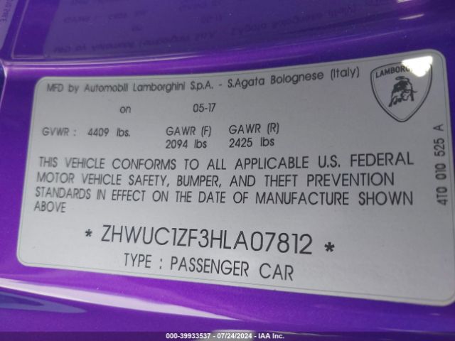 ZHWUC1ZF3HLA07812 Lamborghini Huracan Lp610-4/lp610-4 Avio