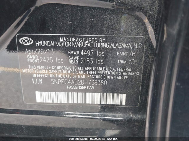 Продажа на аукционе авто 2013 Hyundai Sonata Limited 2.0t, vin: 5NPEC4AB2DH738380, номер лота: 39933608