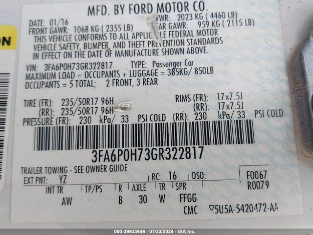 Ford FUSION SE 2016 3FA6P0H73GR322817 Image 9