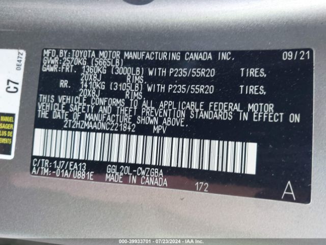 2T2HZMAA0NC221842 Lexus RX 350