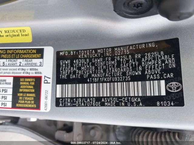 4T1BF1FK0FU932735 Toyota CAMRY XLE