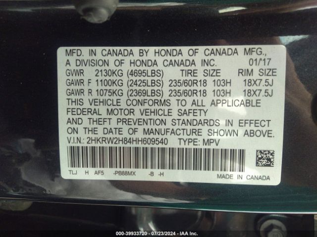 2HKRW2H84HH609540 Honda Cr-v Ex-l/ex-l Navi