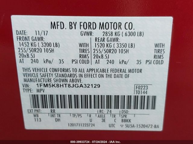 1FM5K8HT8JGA32129 Ford Explorer Platinum