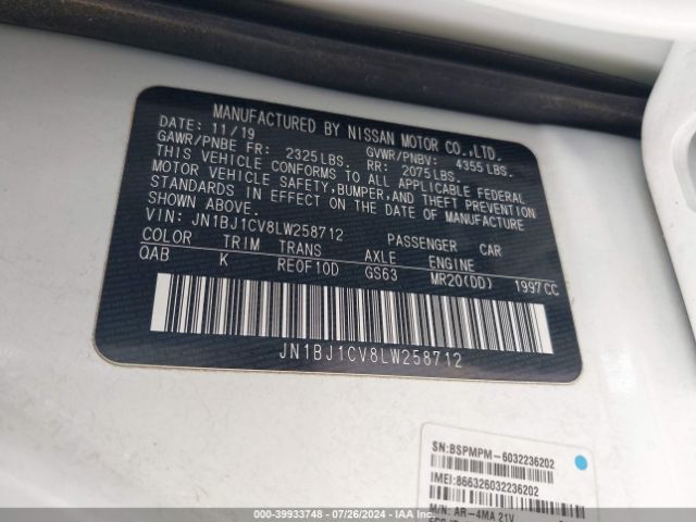 JN1BJ1CV8LW258712 Nissan Rogue Sport Sv Fwd Xtronic Cvt