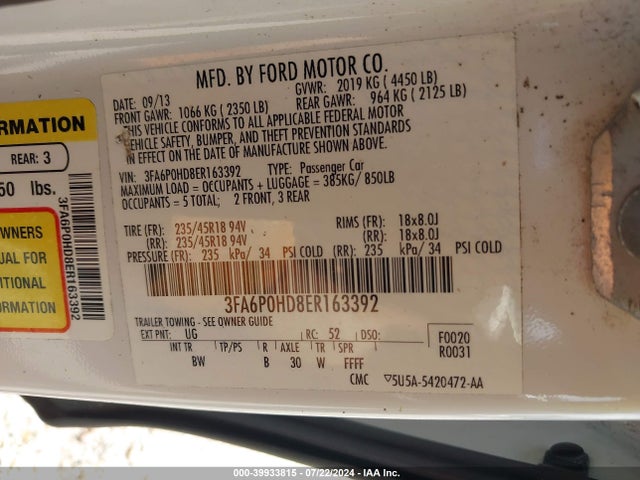 Ford FUSION SE 2014 3FA6P0HD8ER163392 Image 9