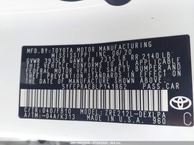 Toyota COROLLA LE 2020 5YFEPRAE8LP141862 Image 9