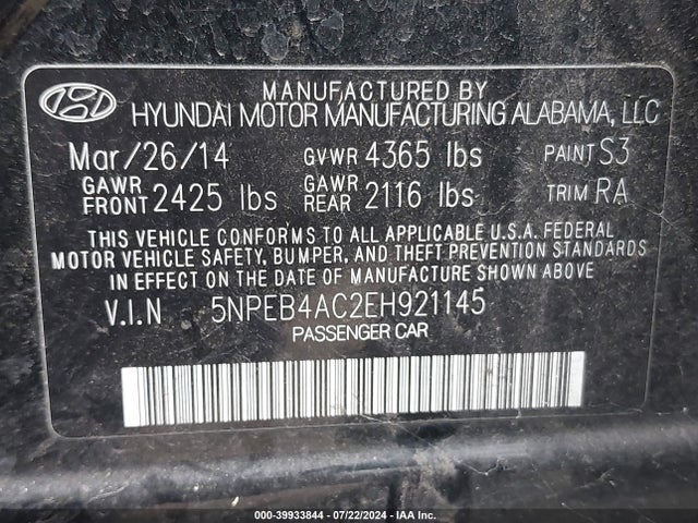 Aukcja sprzedaży 2014 Hyundai Sonata Gls, vin: 5NPEB4AC2EH921145, numer aukcji: 39933844