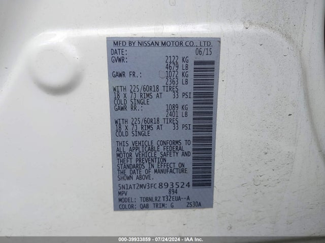 Nissan Rogue Sl 2015 5N1AT2MV3FC893524 Image 9