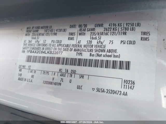 Ford Transit-350 Passenger Van Xl 2020 1FBAX2C84LKB22077 Image 9