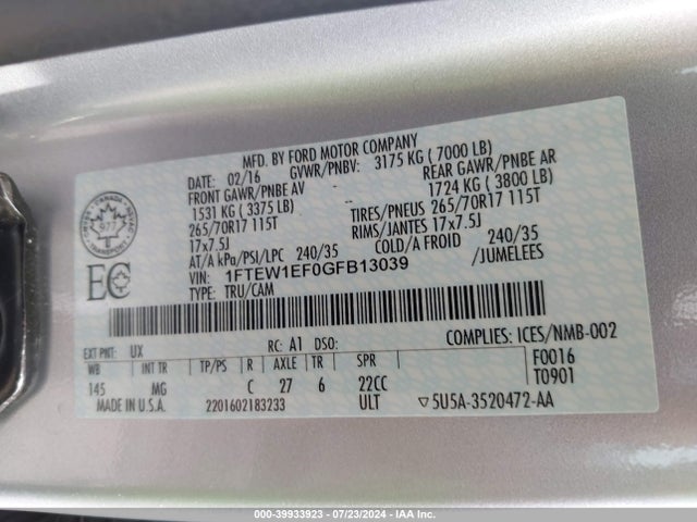 1FTEW1EF0GFB13039 Ford F-150 Xlt