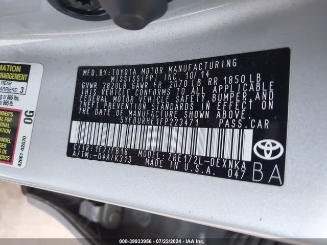 Toyota COROLLA LE 2015 5YFBURHE1FP223471 Image 9