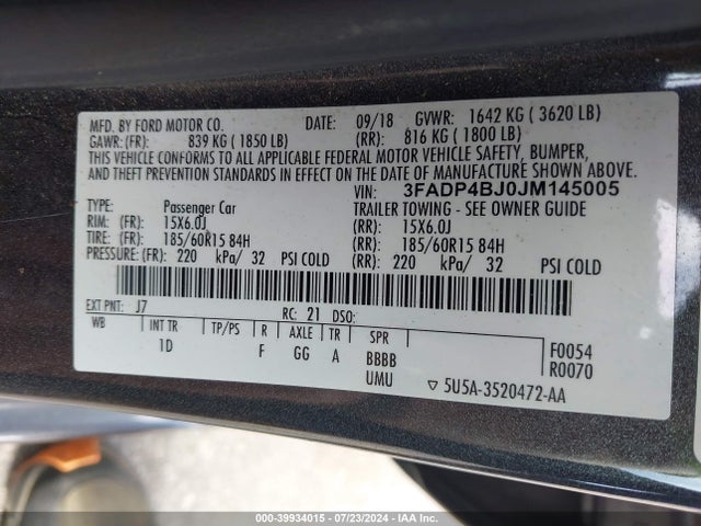 Ford FIESTA SE 2018 3FADP4BJ0JM145005 Image 9
