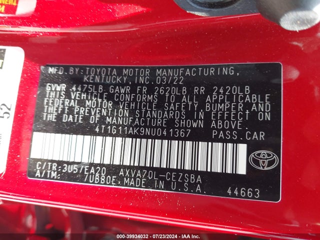 Toyota CAMRY SE 2022 4T1G11AK9NU041367 Image 9