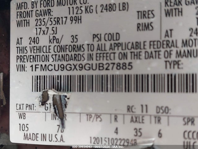 Ford ESCAPE SE 2016 1FMCU9GX9GUB27885 Image 9