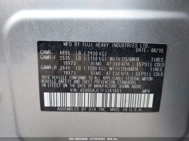 4S4BSAJC7F3361651 Subaru Outback 2.5i Limited