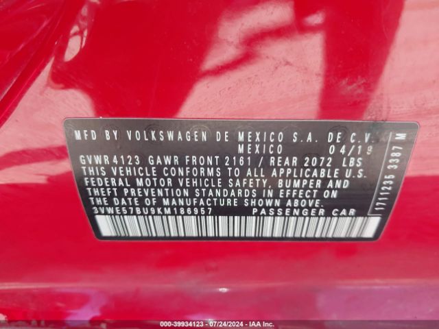 3VWE57BU9KM186957 Volkswagen Jetta 1.4t Sel