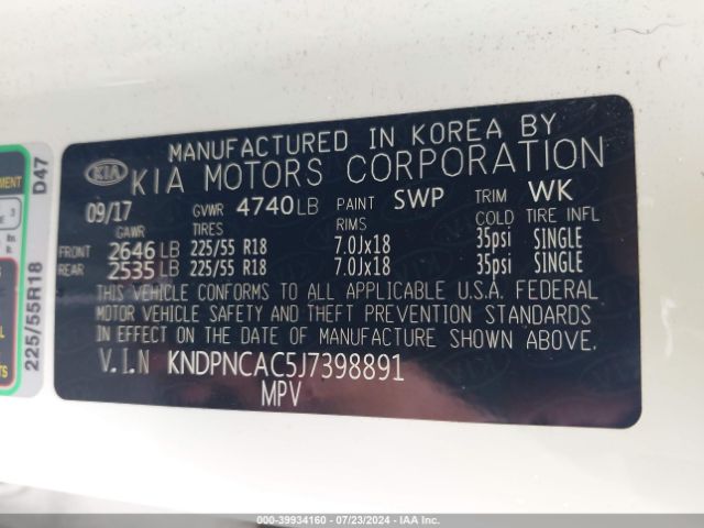 KNDPNCAC5J7398891 KIA Sportage Ex