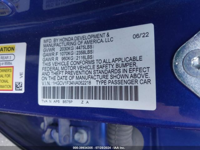 1HGCV1F34NA062218 Honda Accord Sport
