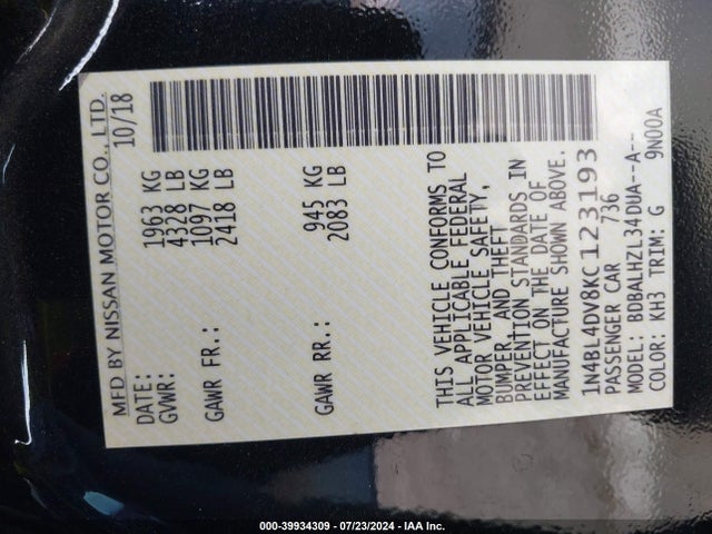 Nissan Altima 2.5 Sv 2019 1N4BL4DV8KC123193 Image 9