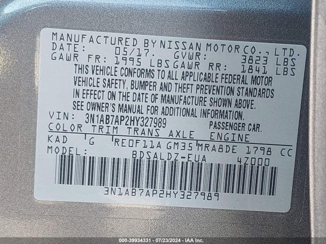 Nissan SENTRA SV 2017 3N1AB7AP2HY327989 Image 9