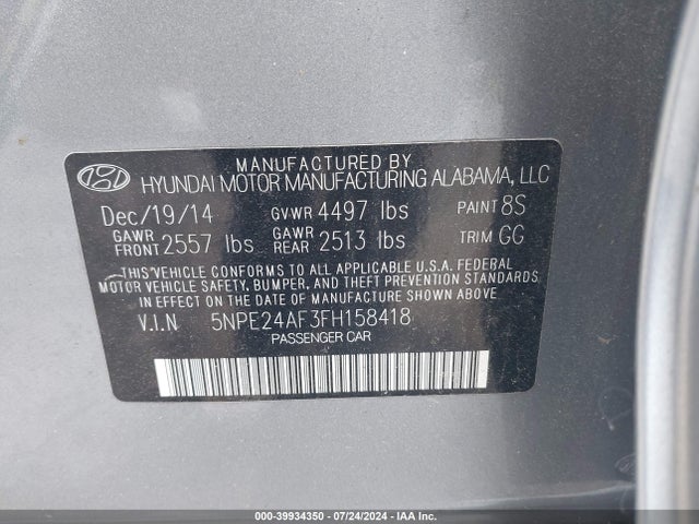 Hyundai SONATA SE 2015 5NPE24AF3FH158418 Image 9