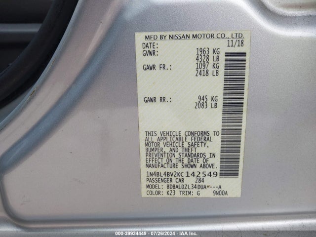 Nissan Altima 2.5 S 2019 1N4BL4BV2KC142549 Image 9