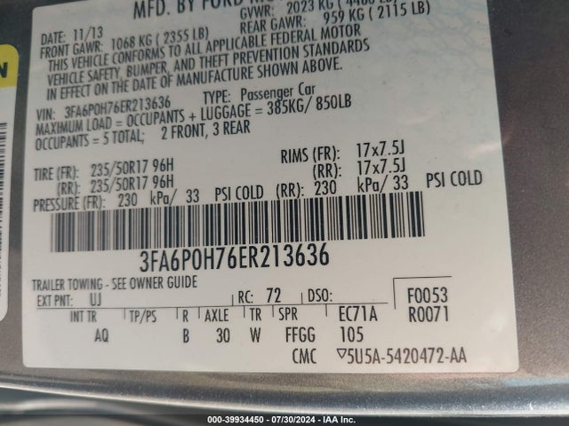 Ford FUSION SE 2014 3FA6P0H76ER213636 Image 9