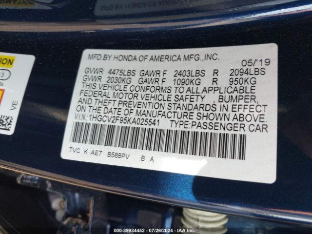 1HGCV2F95KA025541 Honda Accord Touring 2.0t