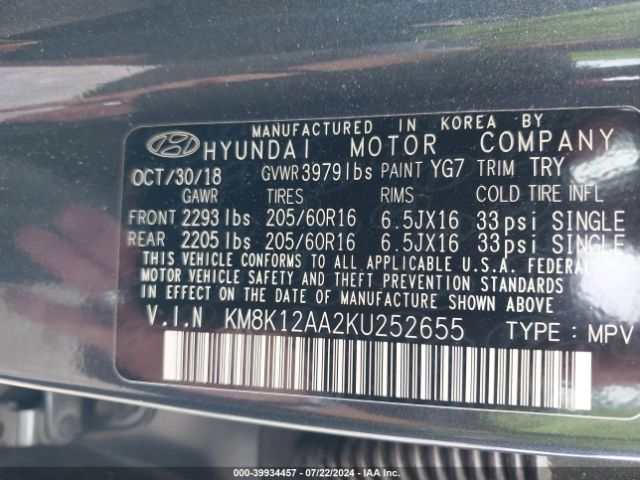 KM8K12AA2KU252655 Hyundai Kona Se