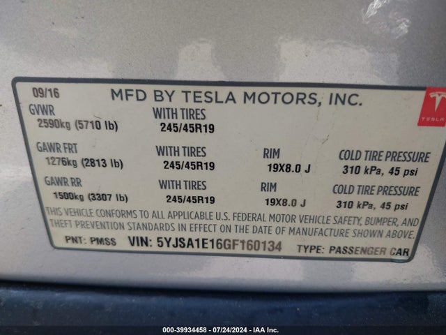 Tesla Model S 60/70/75/85 2016 5YJSA1E16GF160134 Image 9