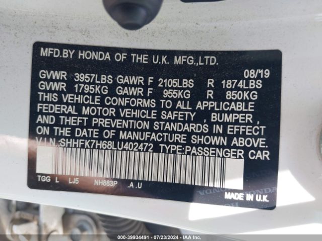 SHHFK7H68LU402472 Honda CIVIC EX