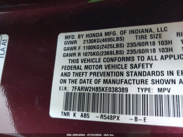 Honda Cr-v Ex-l 2019 7FARW2H85KE038389 Image 9