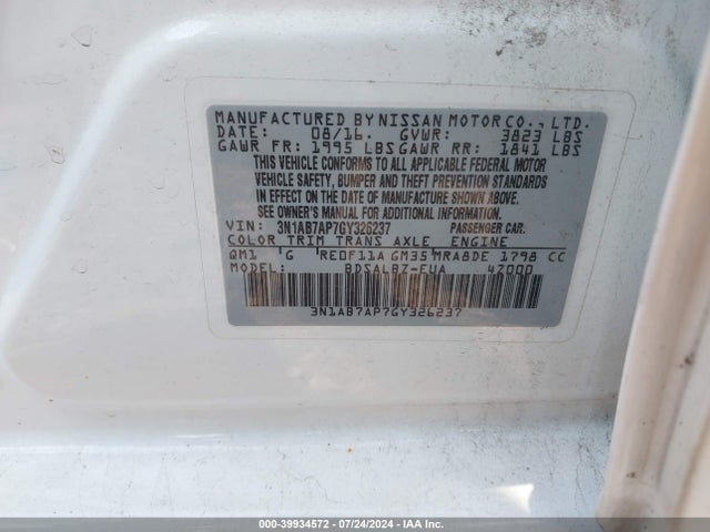 Nissan SENTRA S 2016 3N1AB7AP7GY326237 Image 9