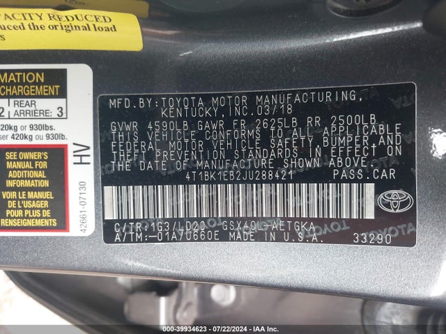 Toyota AVALON XLE 2018 4T1BK1EB2JU288421 Image 9