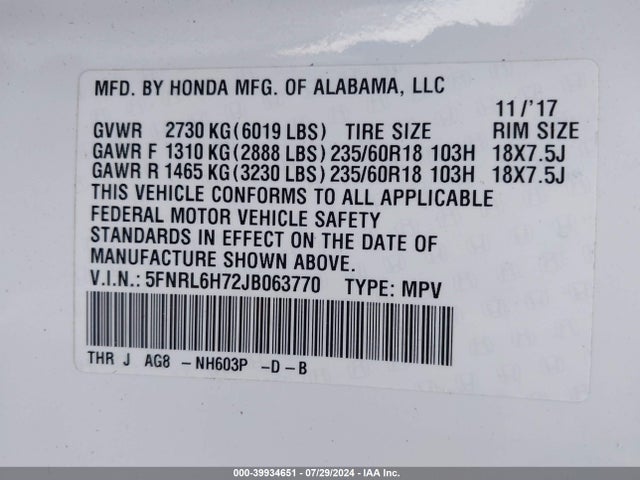 Honda Odyssey Ex-l 2018 5FNRL6H72JB063770 Image 9