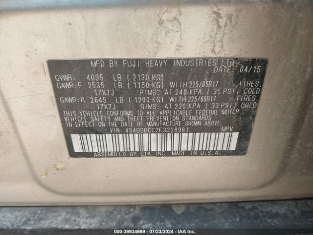4S4BSBCC2F3328981 Subaru Outback 2.5i Premium