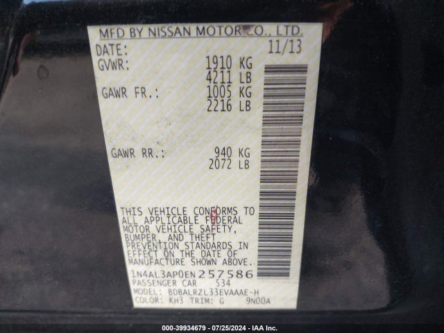 Nissan Altima 2.5 S 2014 1N4AL3AP0EN257586 Image 9