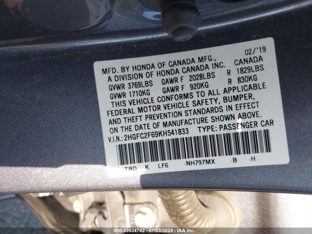 Honda Civic Lx 2019 2HGFC2F69KH541833 Image 9