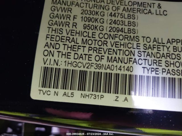 1HGCV2F39NA014140 Honda Accord Sport 2.0t