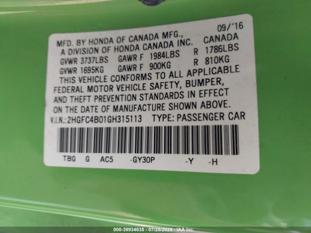 2HGFC4B01GH315113 Honda Civic Lx-p