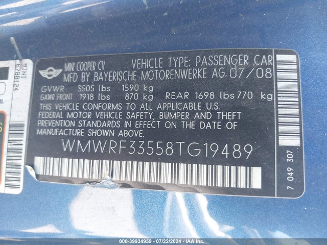 2008 MINI COOPER WMWRF33558TG19489 Photo 8