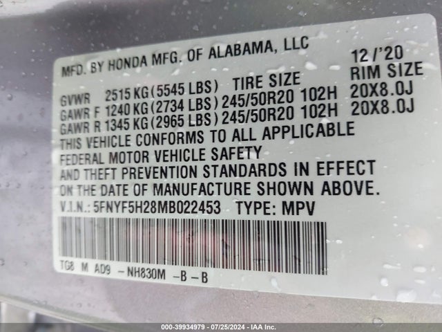Honda Pilot 2wd Special Edition 2021 5FNYF5H28MB022453 Image 9